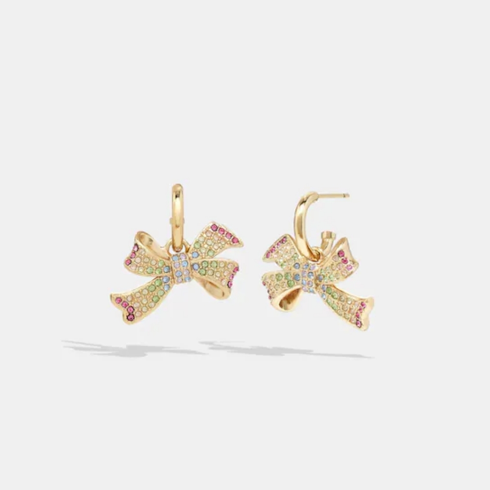 🌈 Coach Pave Bow Huggie Hoop Gold Earrings Rainbow Pride New